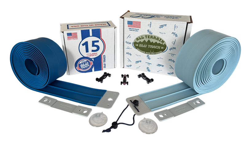 Anywhere Adventure Set includes Classic 15-Ft Race Track and All Terrain 25-Ft Race Track. Blu Track Racers